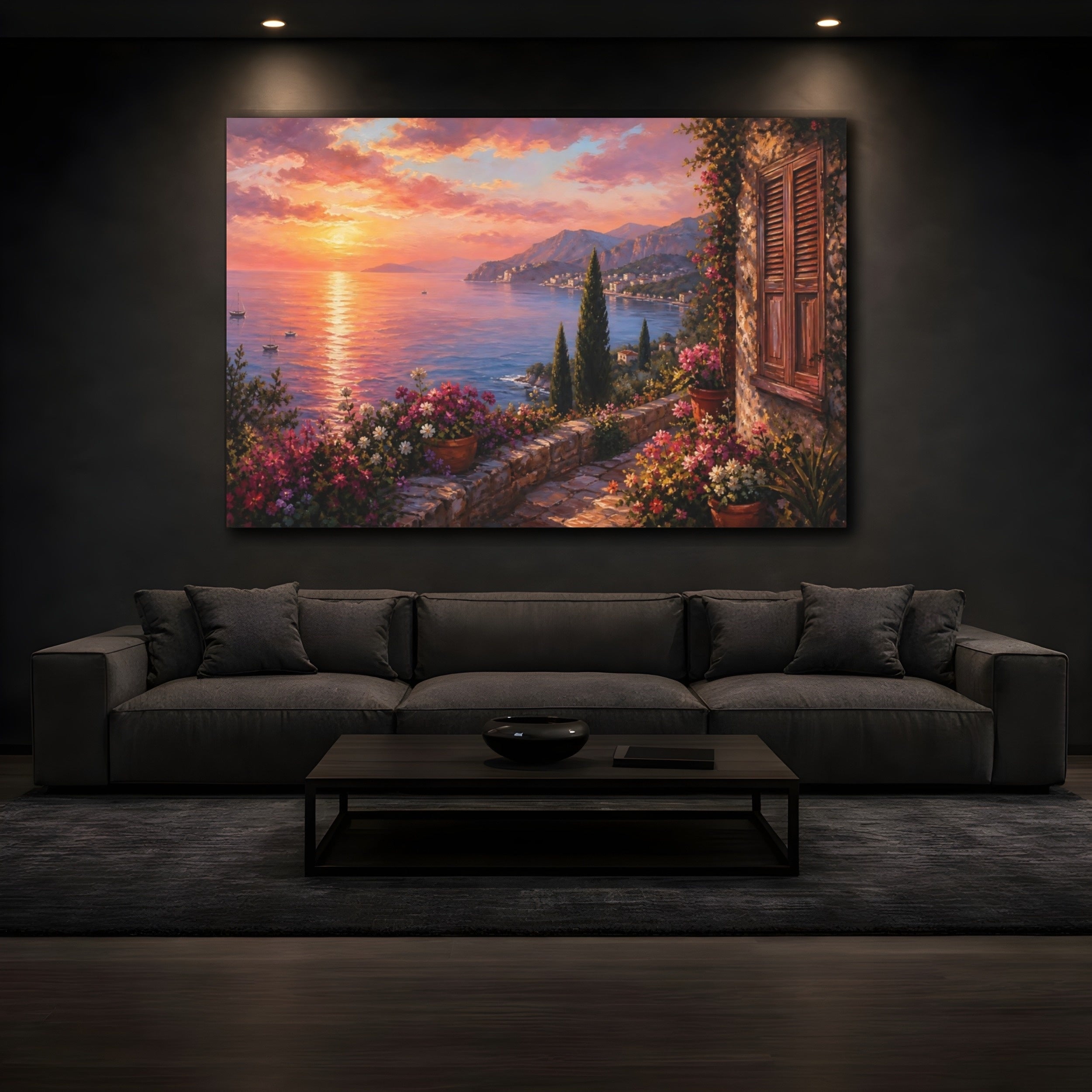 Mockup 3. Nature Coastal Sunset Sunset Seascape Flowers shown as stretched canvas wall art