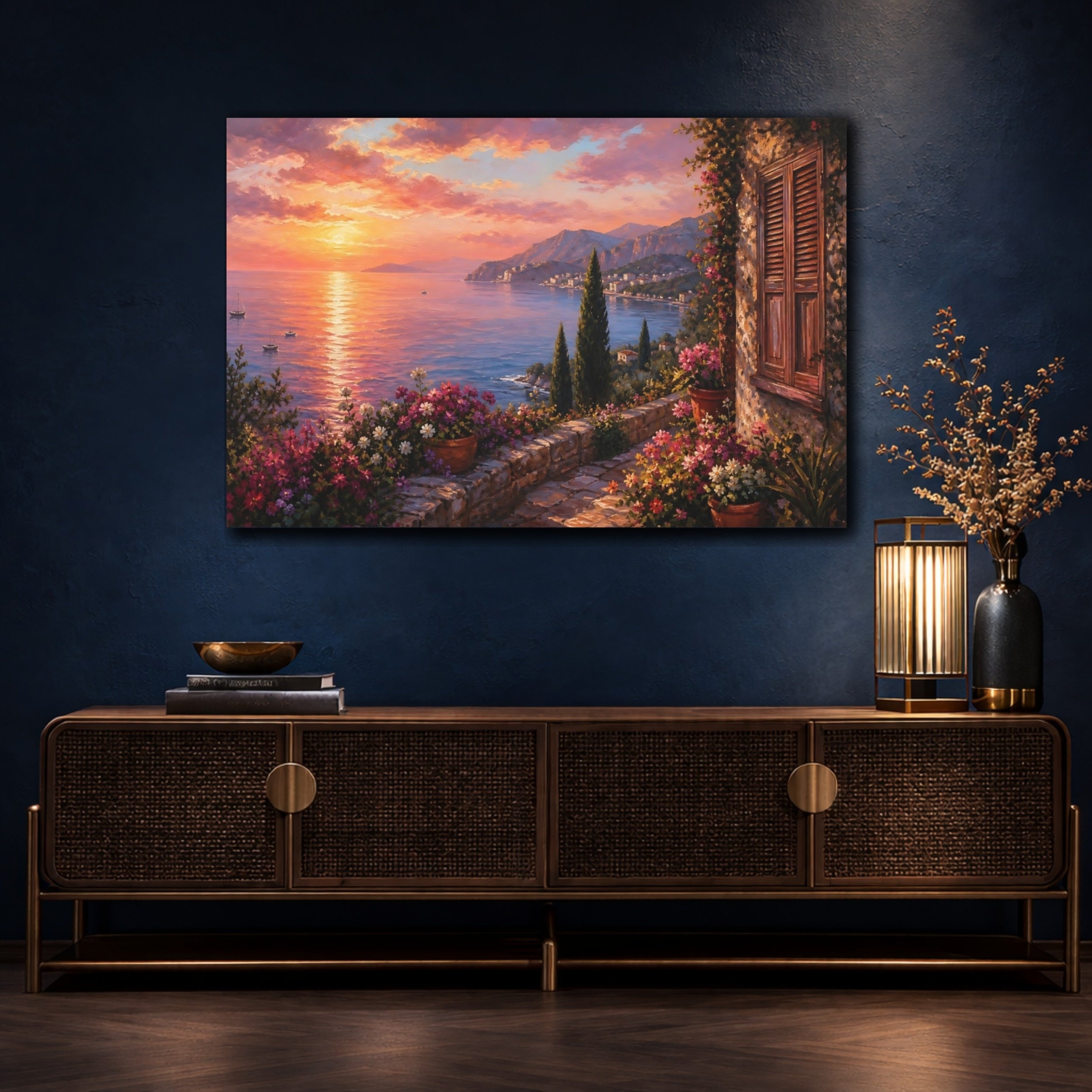 Mockup 4. Nature Coastal Sunset Sunset Seascape Flowers shown as stretched canvas wall art