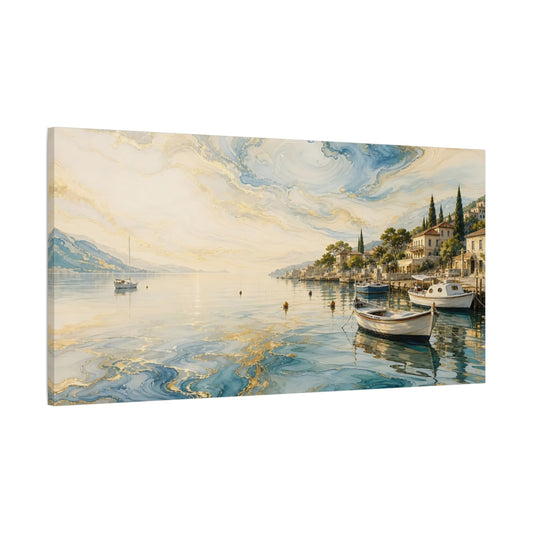 Main Mockup. Nature Coastal Town Blue And Gold shown as stretched canvas wall art