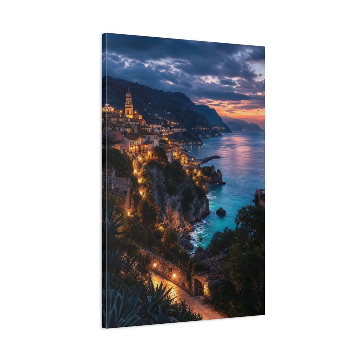 Main Mockup. Nature Coastal Town Blue And Orange shown as stretched canvas wall art