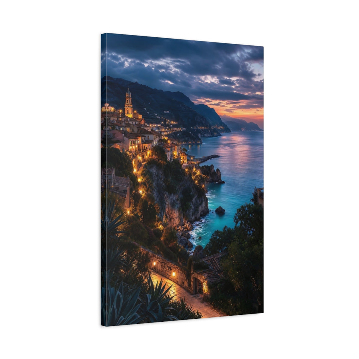 Side Mockup 2. Nature Coastal Town Blue And Orange shown as stretched canvas wall art