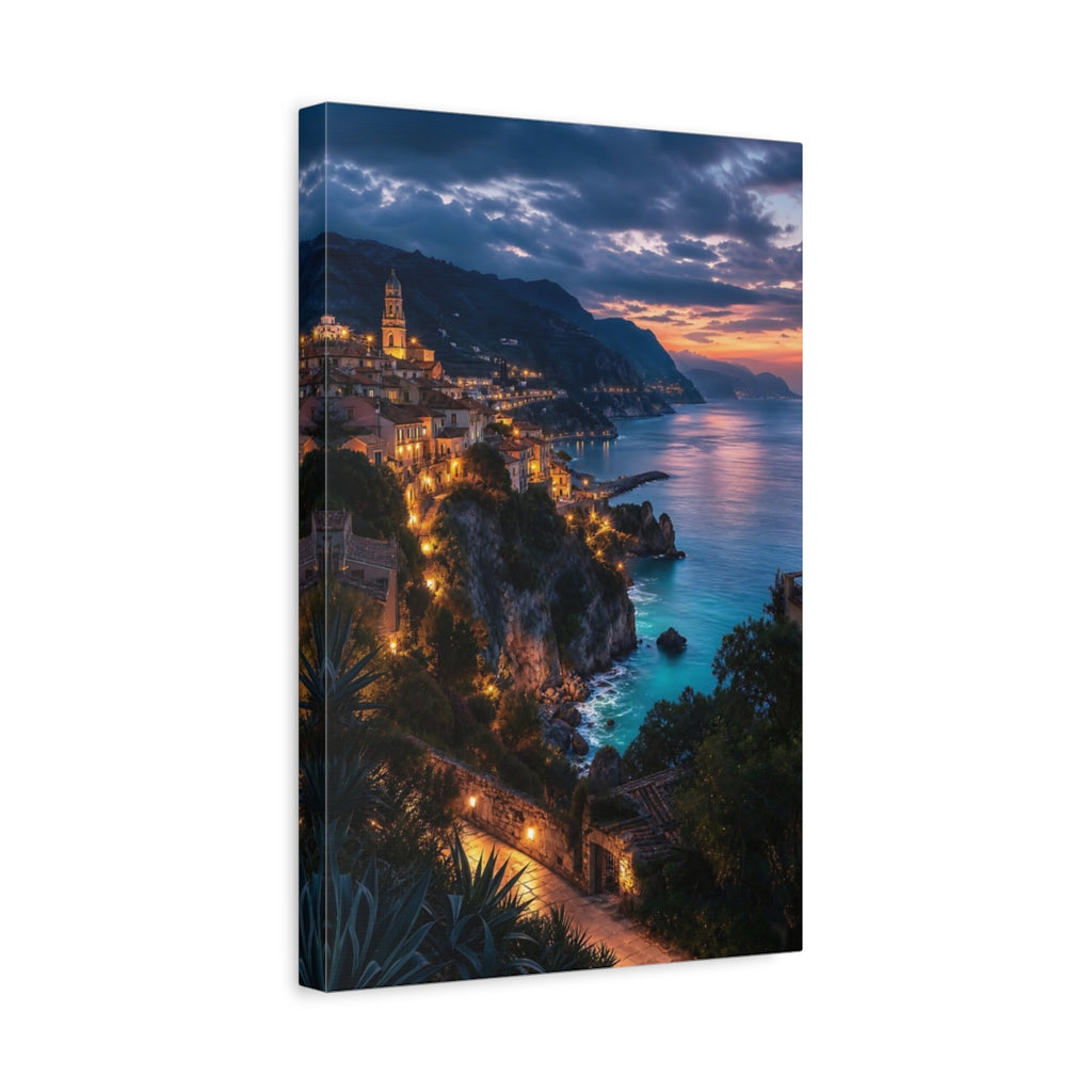 Side Mockup 4. Nature Coastal Town Blue And Orange shown as stretched canvas wall art