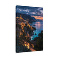 Side Mockup 4. Nature Coastal Town Blue And Orange shown as stretched canvas wall art