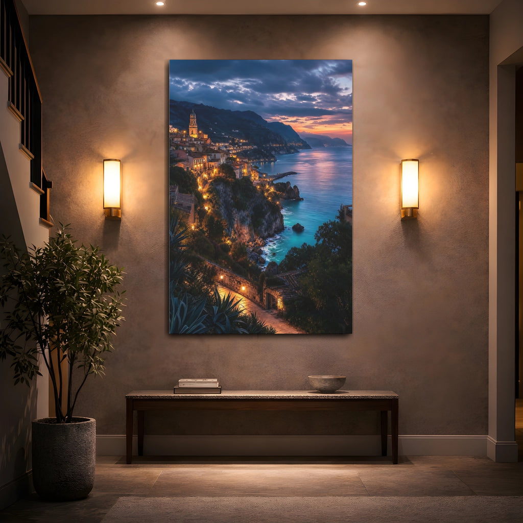 Mockup 2. Nature Coastal Town Blue And Orange shown as stretched canvas wall art