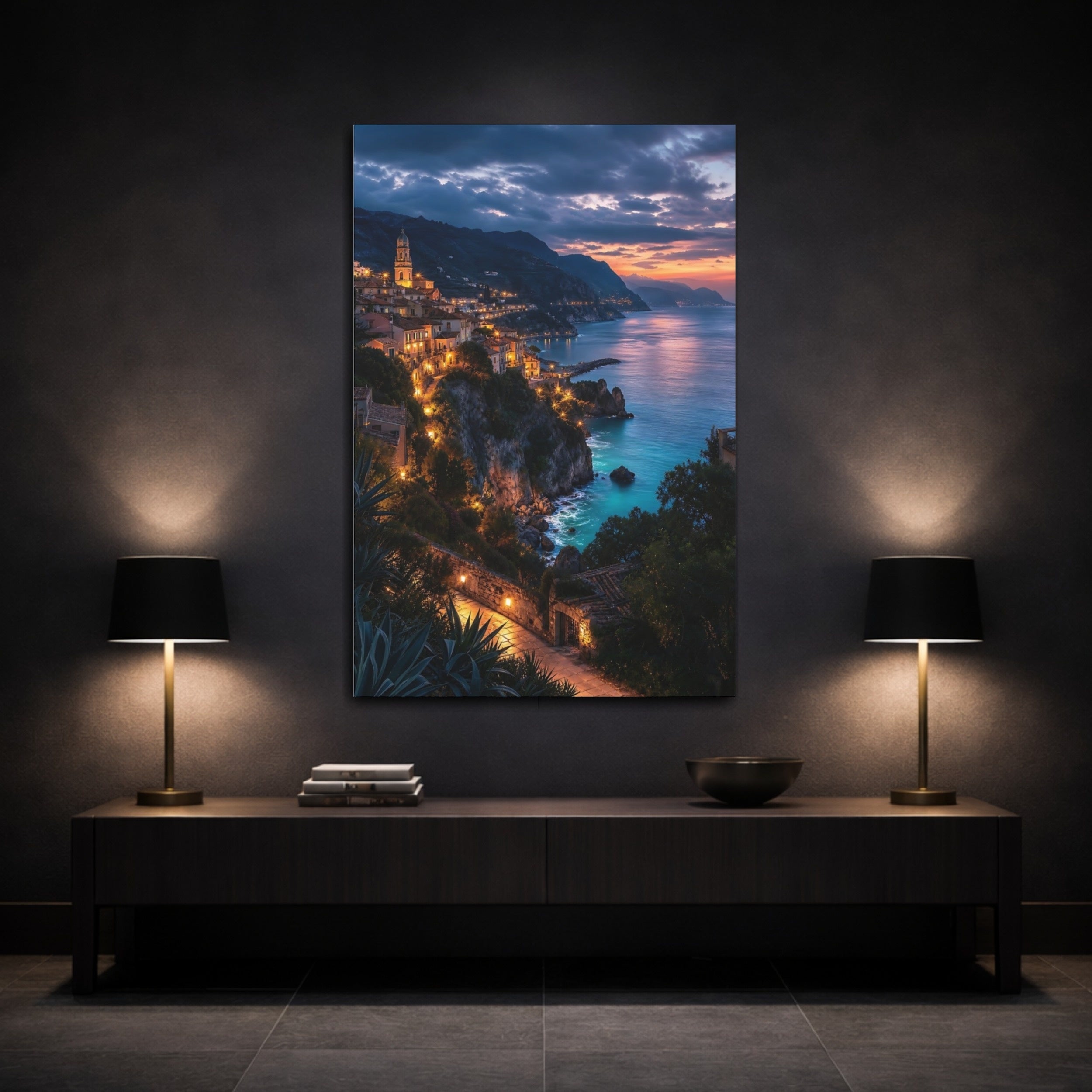Mockup 3. Nature Coastal Town Blue And Orange shown as stretched canvas wall art