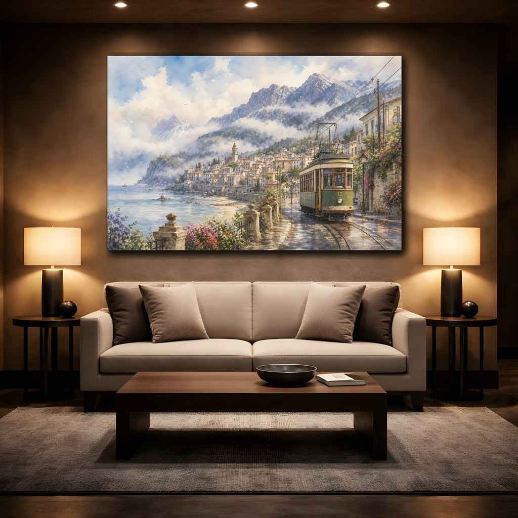 Mockup 2. Nature Coastal Town Coastal Landscape shown as stretched canvas wall art