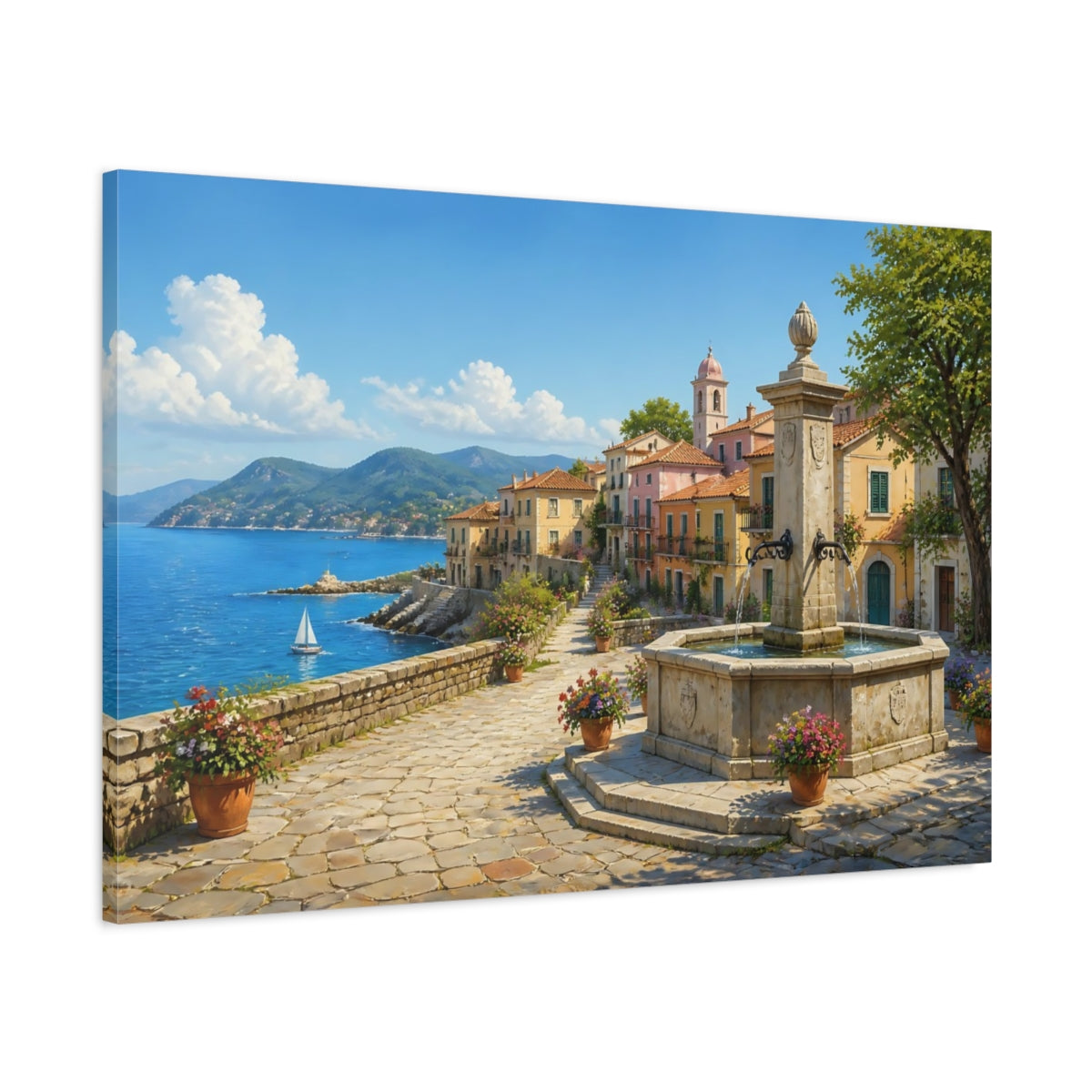 Main Mockup. Nature Coastal Town Colorful Coastal Village shown as stretched canvas wall art
