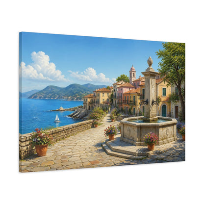 Main Mockup. Nature Coastal Town Colorful Coastal Village shown as stretched canvas wall art