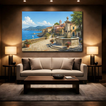 Mockup 2. Nature Coastal Town Colorful Coastal Village shown as stretched canvas wall art