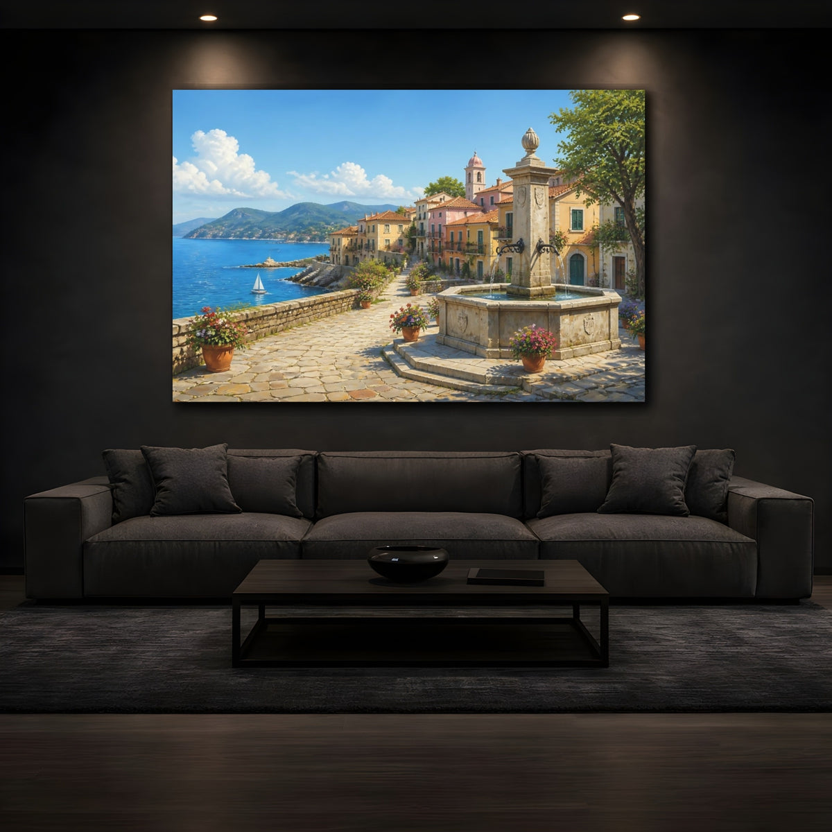 Mockup 3. Nature Coastal Town Colorful Coastal Village shown as stretched canvas wall art