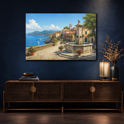 Mockup 4. Nature Coastal Town Colorful Coastal Village shown as stretched canvas wall art