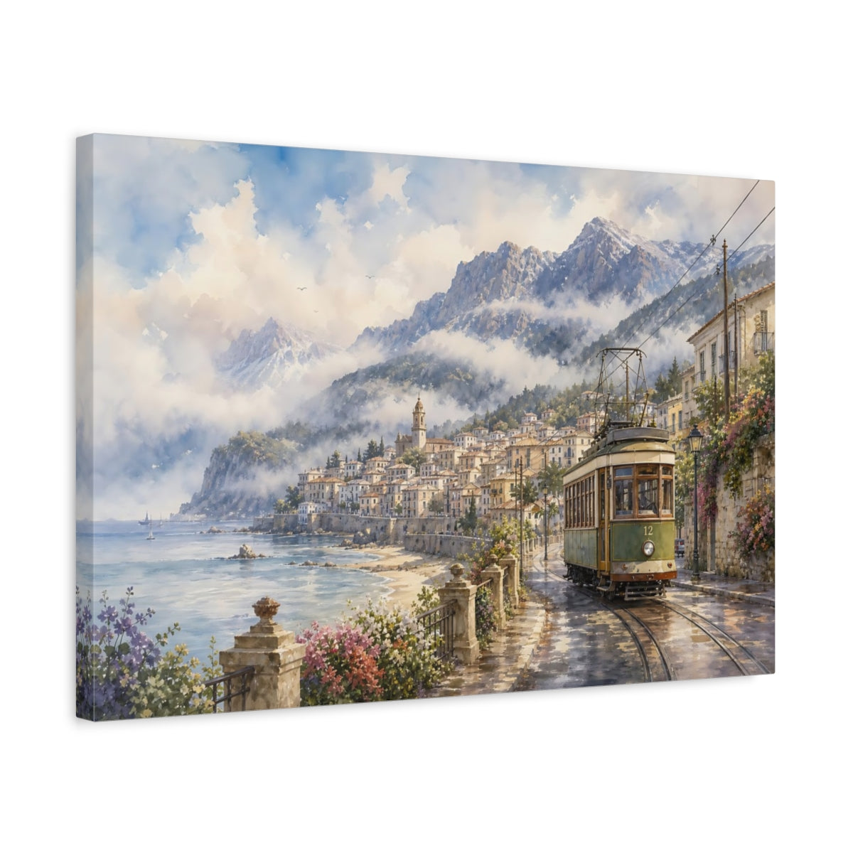 Side Mockup 3. Nature Coastal Town Coastal Landscape shown as stretched canvas wall art
