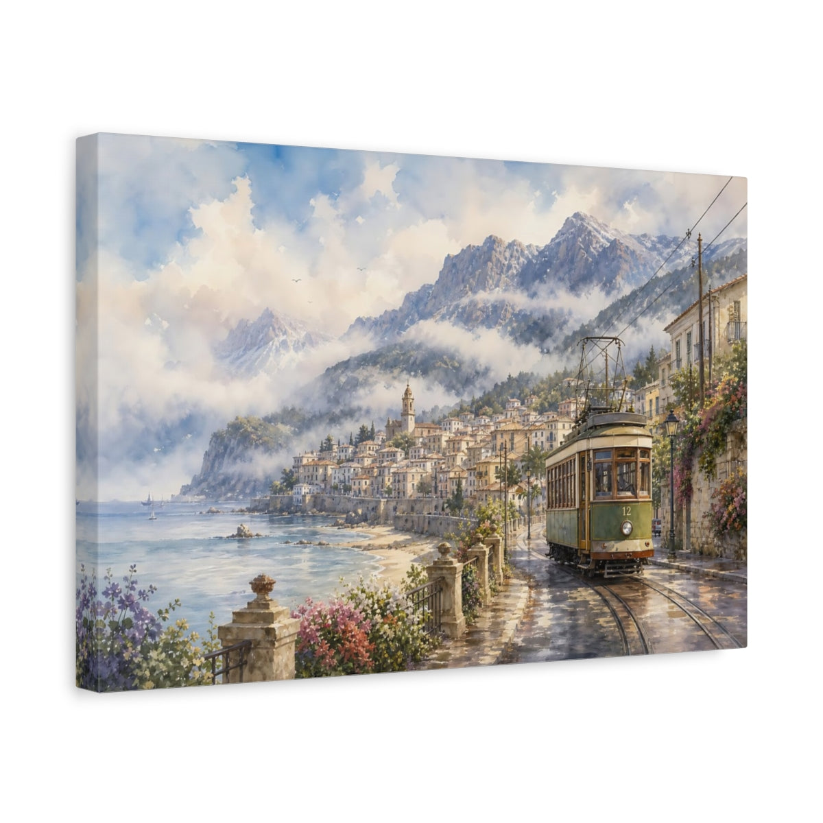 Side Mockup 4. Nature Coastal Town Coastal Landscape shown as stretched canvas wall art