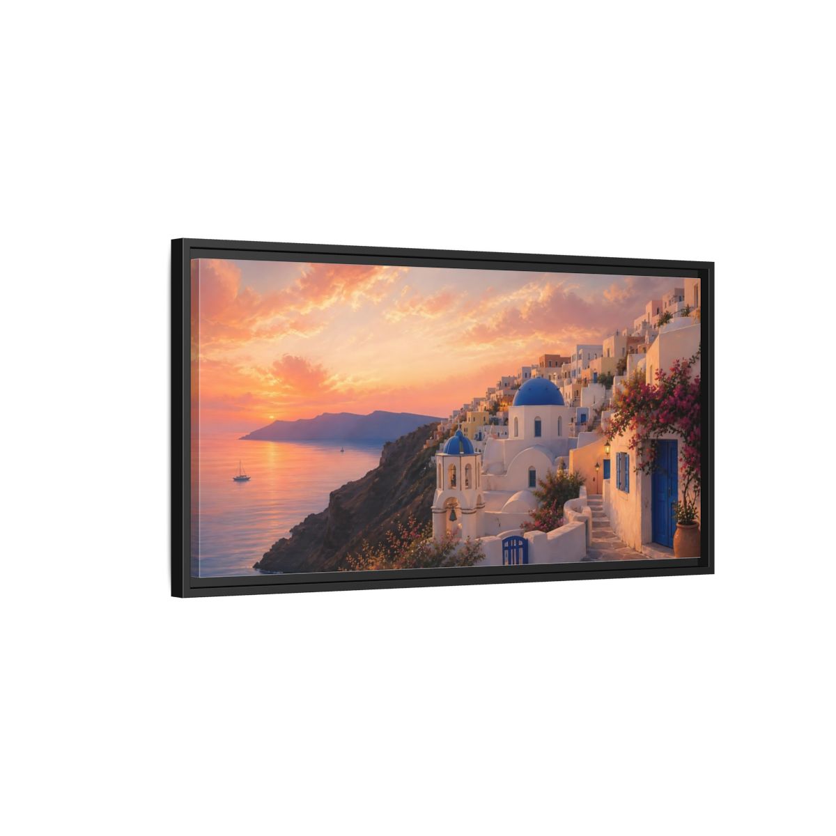 Side Mockup 2. Nature Coastal Town Mediterranean Sunset shown as stretched canvas wall art