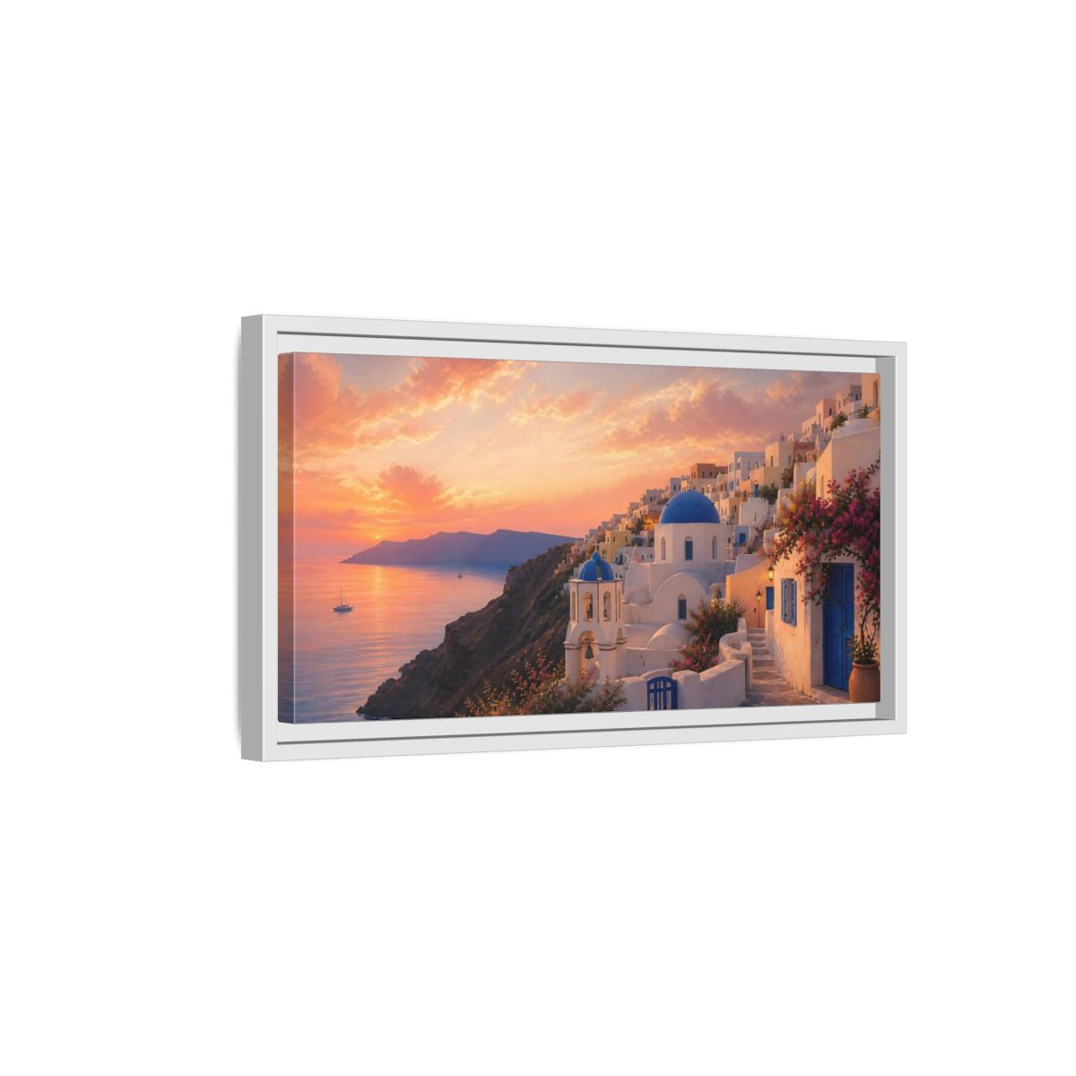 Side Mockup 6. Nature Coastal Town Mediterranean Sunset shown as stretched canvas wall art