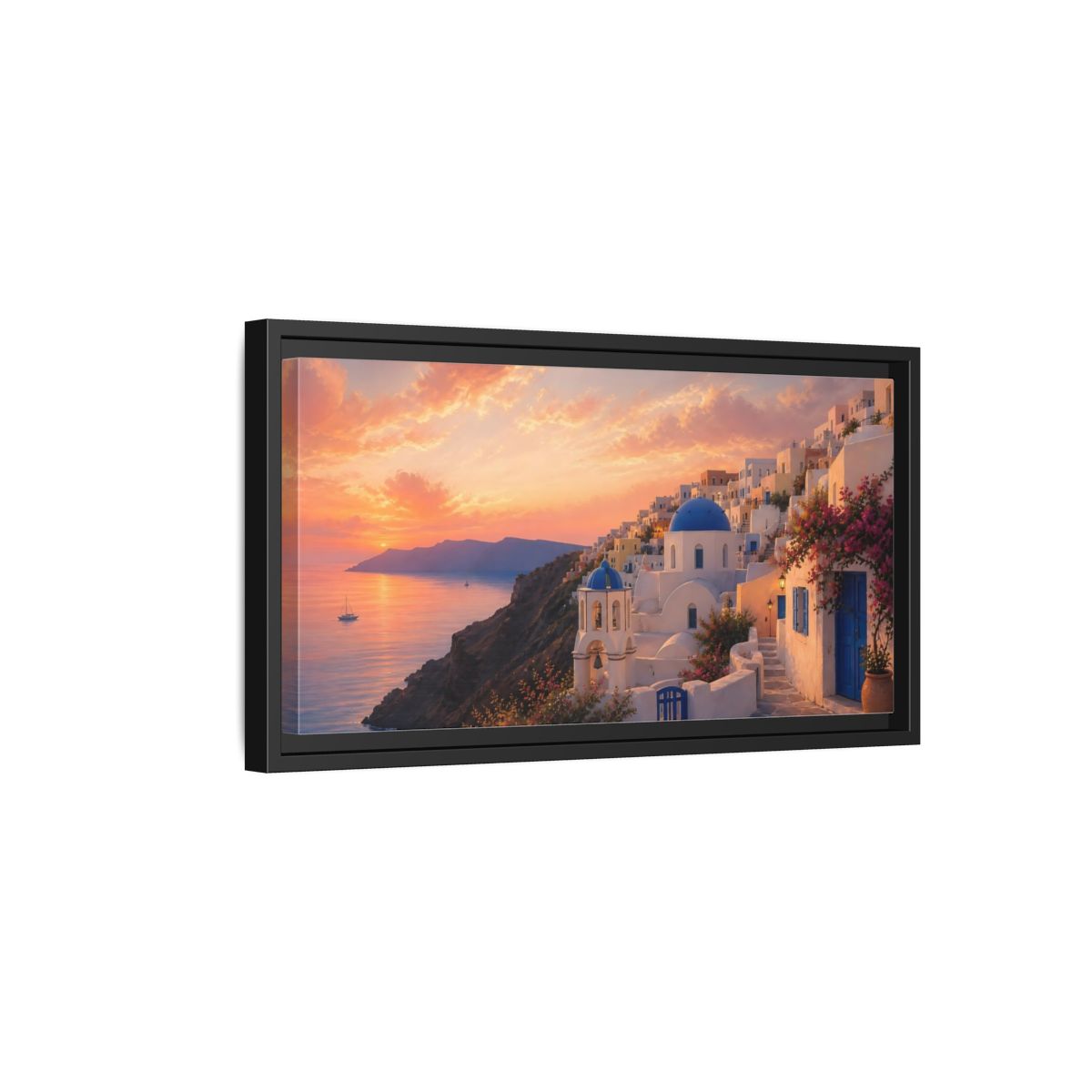 Side Mockup 8. Nature Coastal Town Mediterranean Sunset shown as stretched canvas wall art