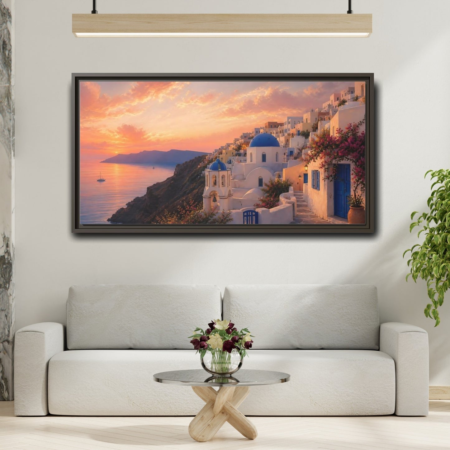 Mockup 2. Nature Coastal Town Mediterranean Sunset shown as stretched canvas wall art