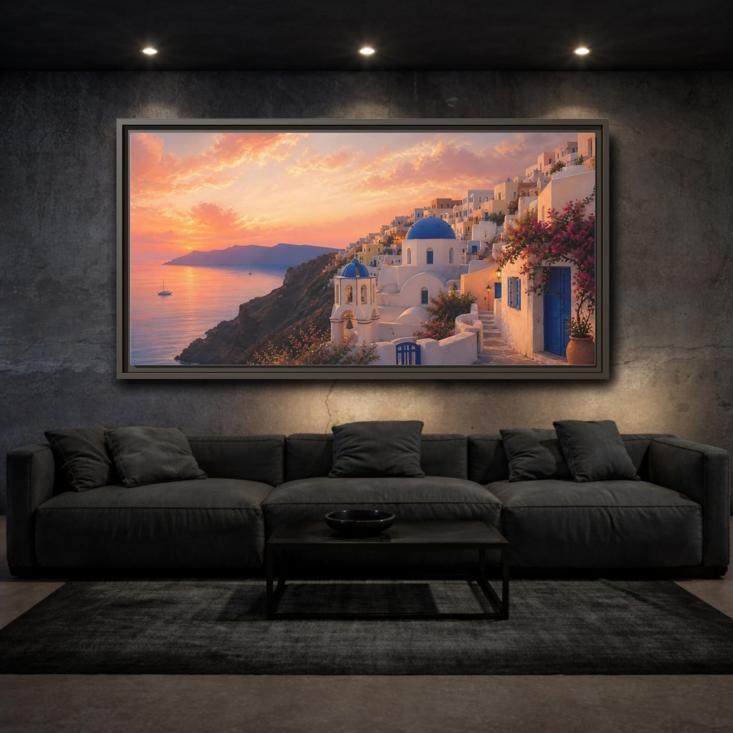 Mockup 3. Nature Coastal Town Mediterranean Sunset shown as stretched canvas wall art