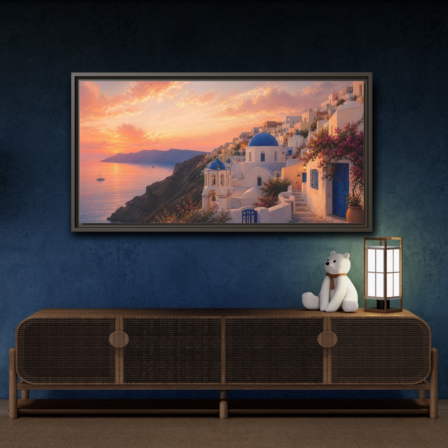 Mockup 4. Nature Coastal Town Mediterranean Sunset shown as stretched canvas wall art