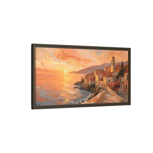 Main Mockup. Nature Coastal Town Orange Sunset Coastal shown as stretched canvas wall art
