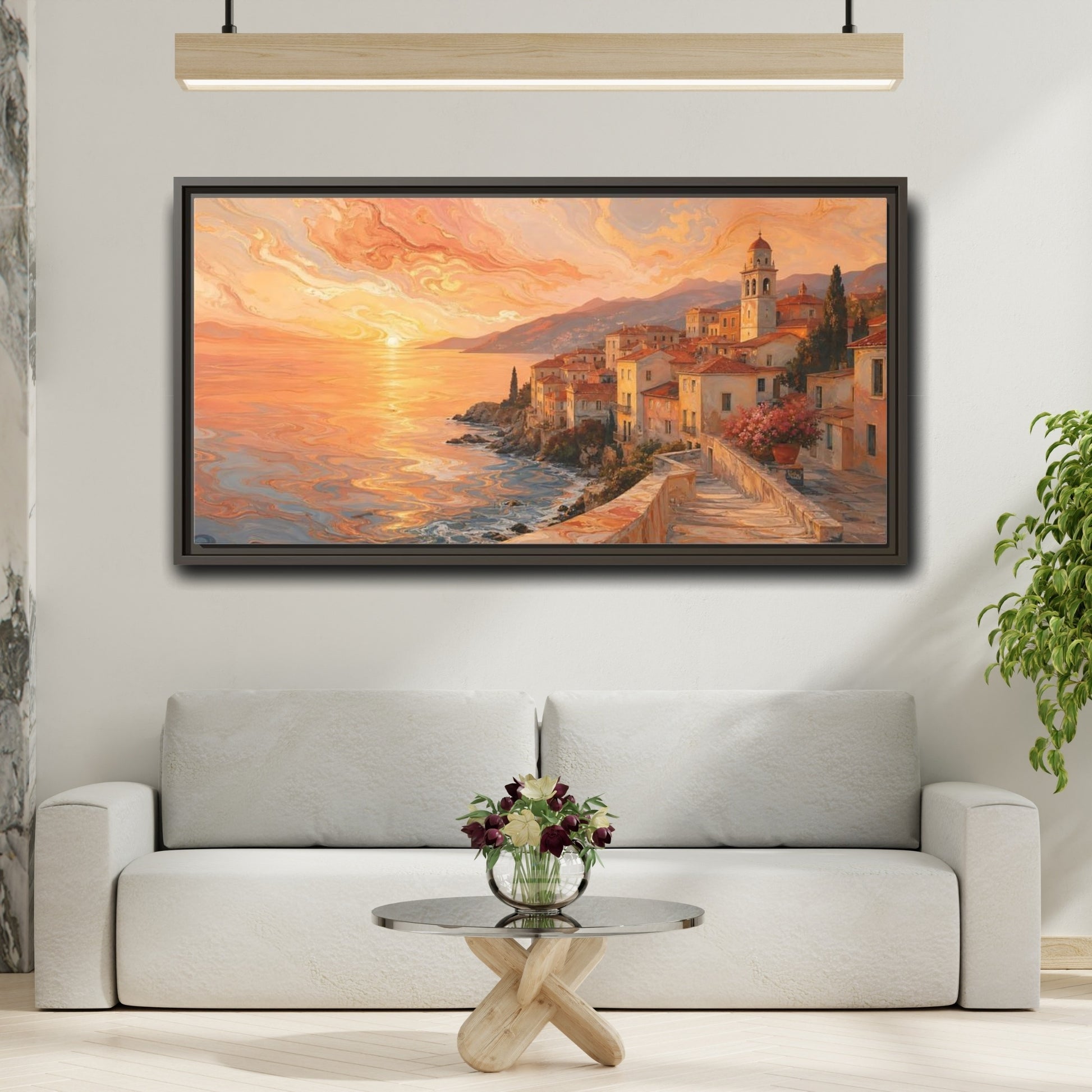 Mockup 2. Nature Coastal Town Orange Sunset Coastal shown as stretched canvas wall art