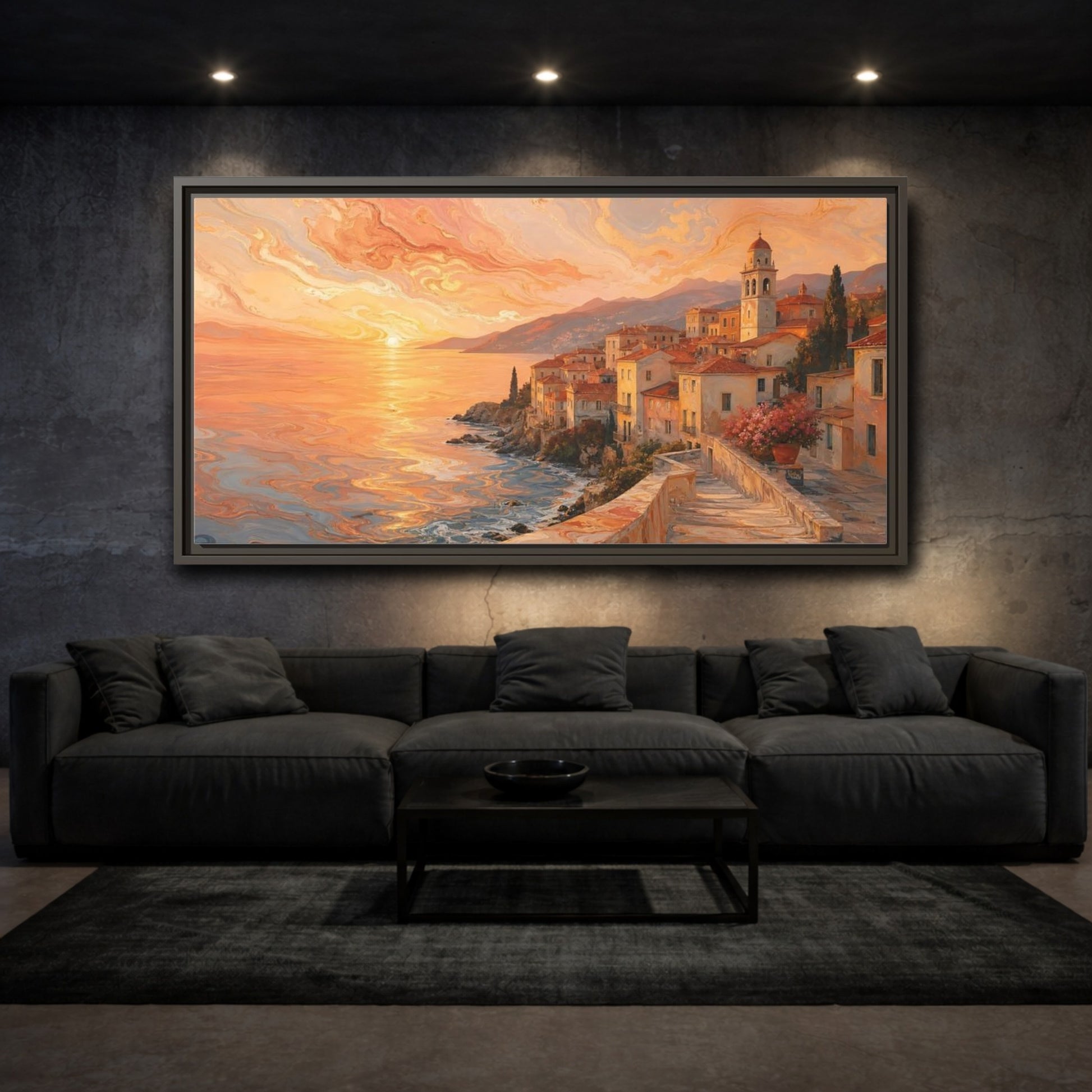 Mockup 3. Nature Coastal Town Orange Sunset Coastal shown as stretched canvas wall art