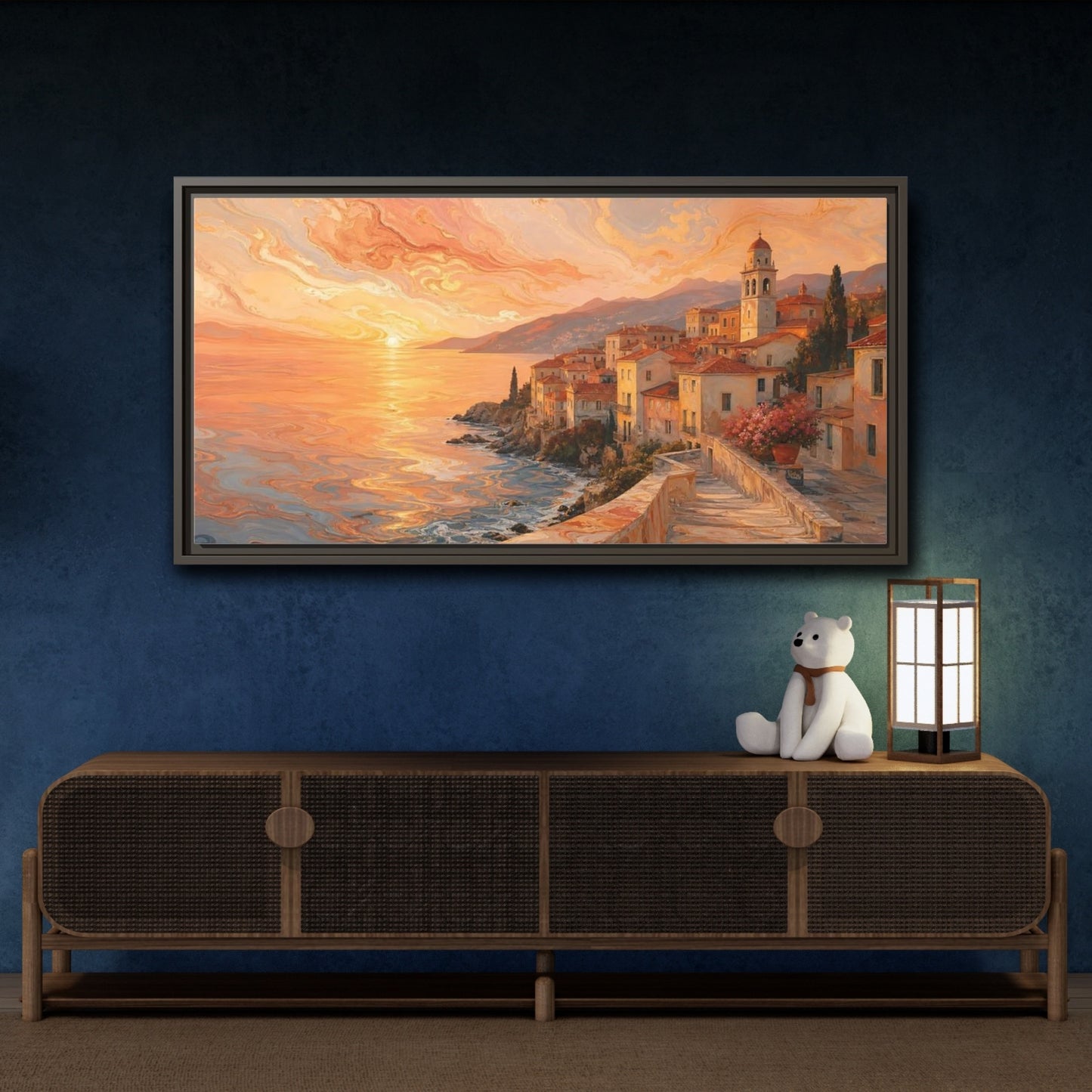 Mockup 4. Nature Coastal Town Orange Sunset Coastal shown as stretched canvas wall art