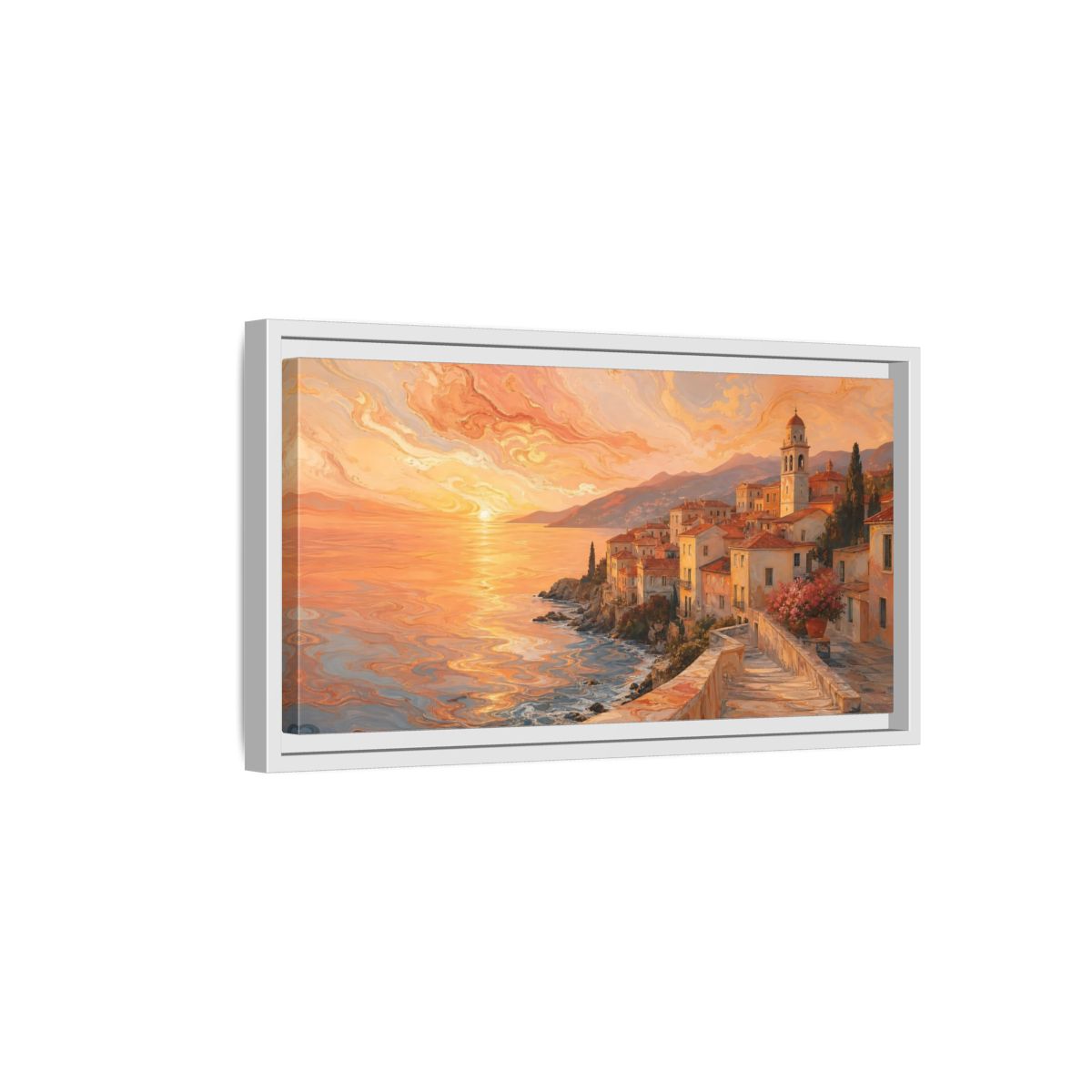 Side Mockup 6. Nature Coastal Town Orange Sunset Coastal shown as stretched canvas wall art