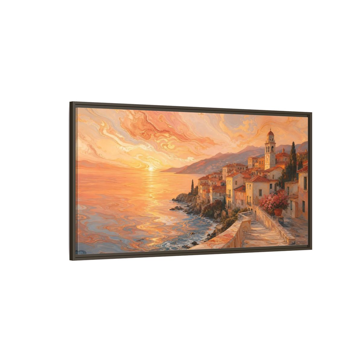 Side Mockup 4. Nature Coastal Town Orange Sunset Coastal shown as stretched canvas wall art