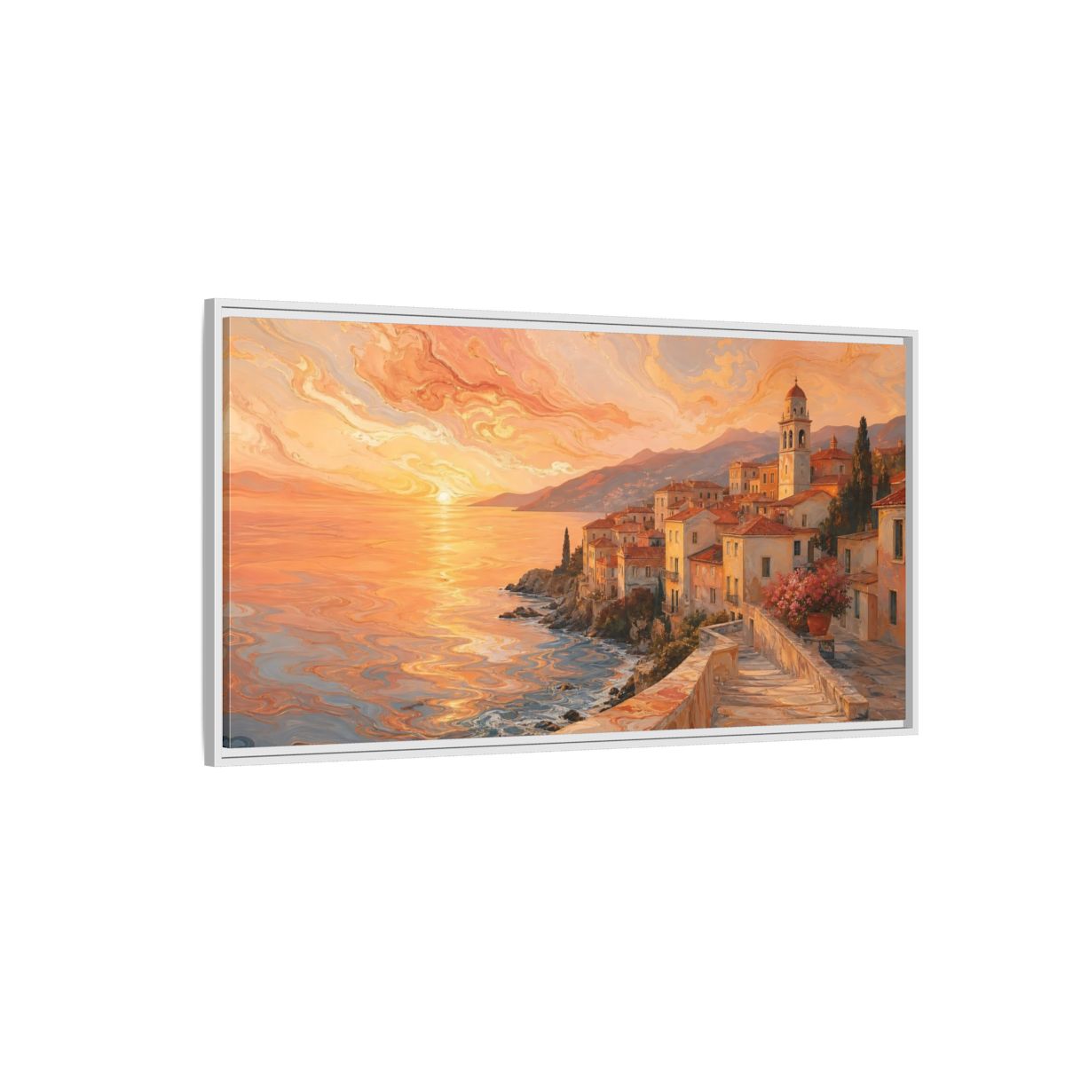 Side Mockup 3. Nature Coastal Town Orange Sunset Coastal shown as stretched canvas wall art