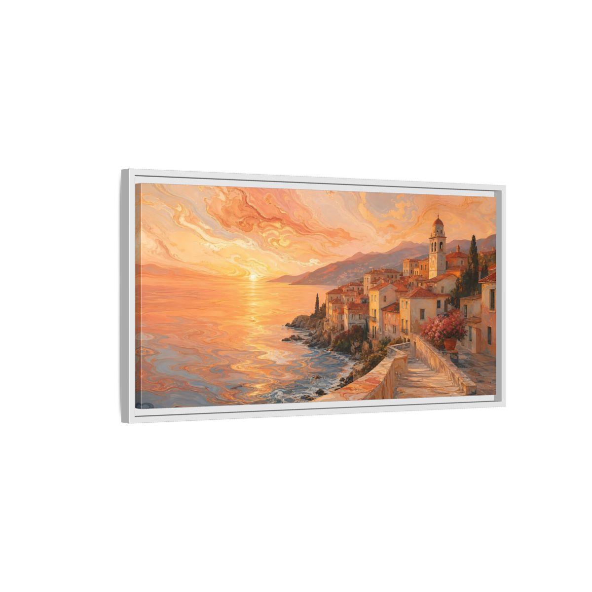 Side Mockup 1. Nature Coastal Town Orange Sunset Coastal shown as stretched canvas wall art