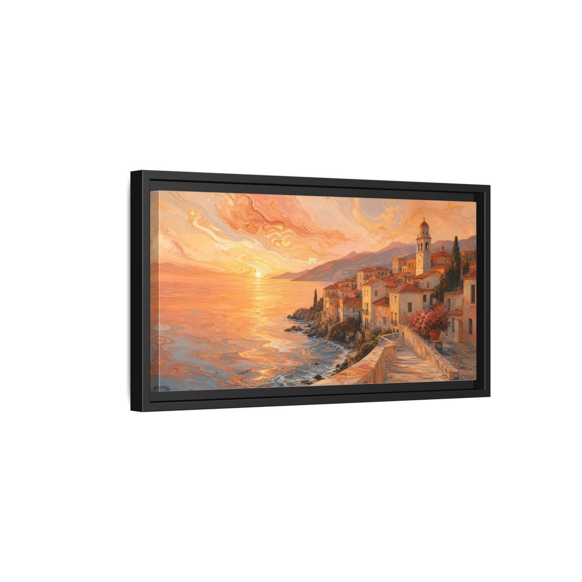 Side Mockup 8. Nature Coastal Town Orange Sunset Coastal shown as stretched canvas wall art