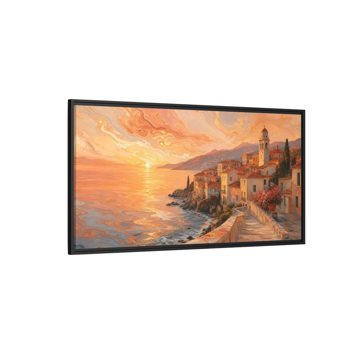 Side Mockup 5. Nature Coastal Town Orange Sunset Coastal shown as stretched canvas wall art