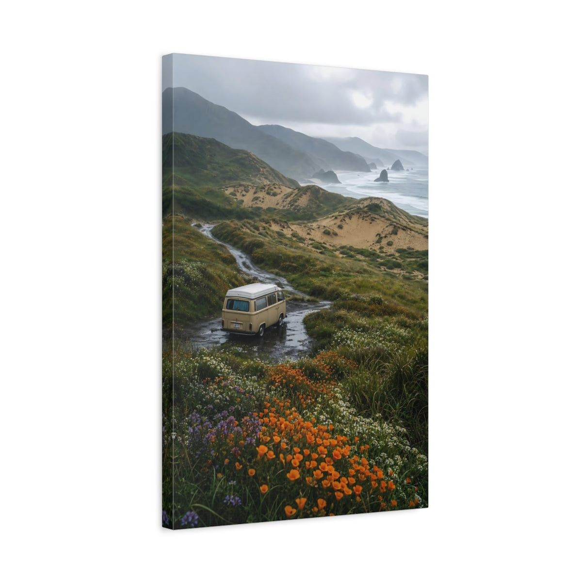 Side Mockup 3. Nature Coastal Van Earthy Tones shown as stretched canvas wall art