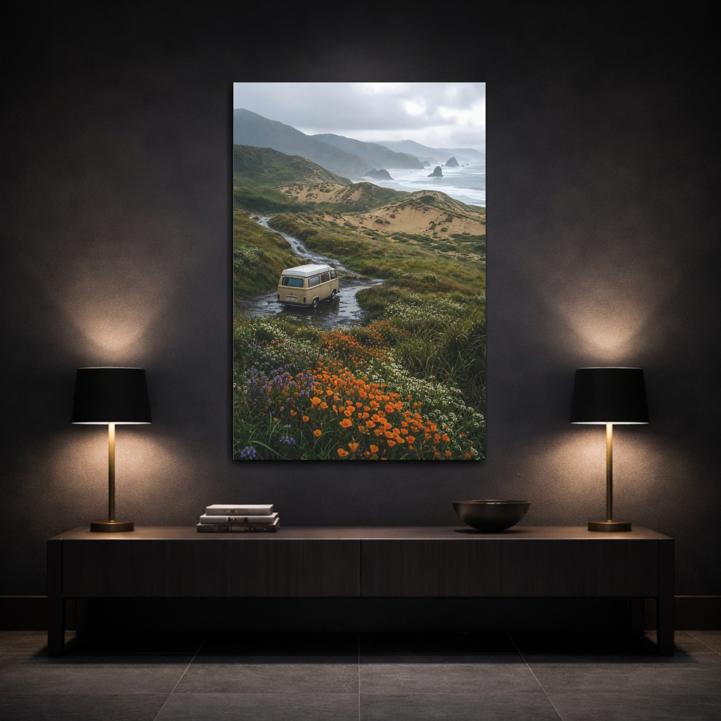 Mockup 3. Nature Coastal Van Earthy Tones shown as stretched canvas wall art
