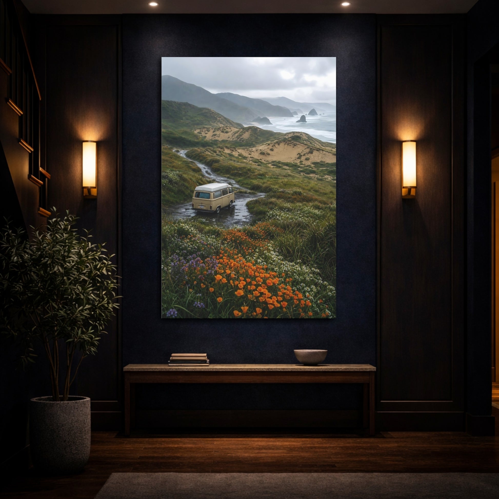 Mockup 4. Nature Coastal Van Earthy Tones shown as stretched canvas wall art