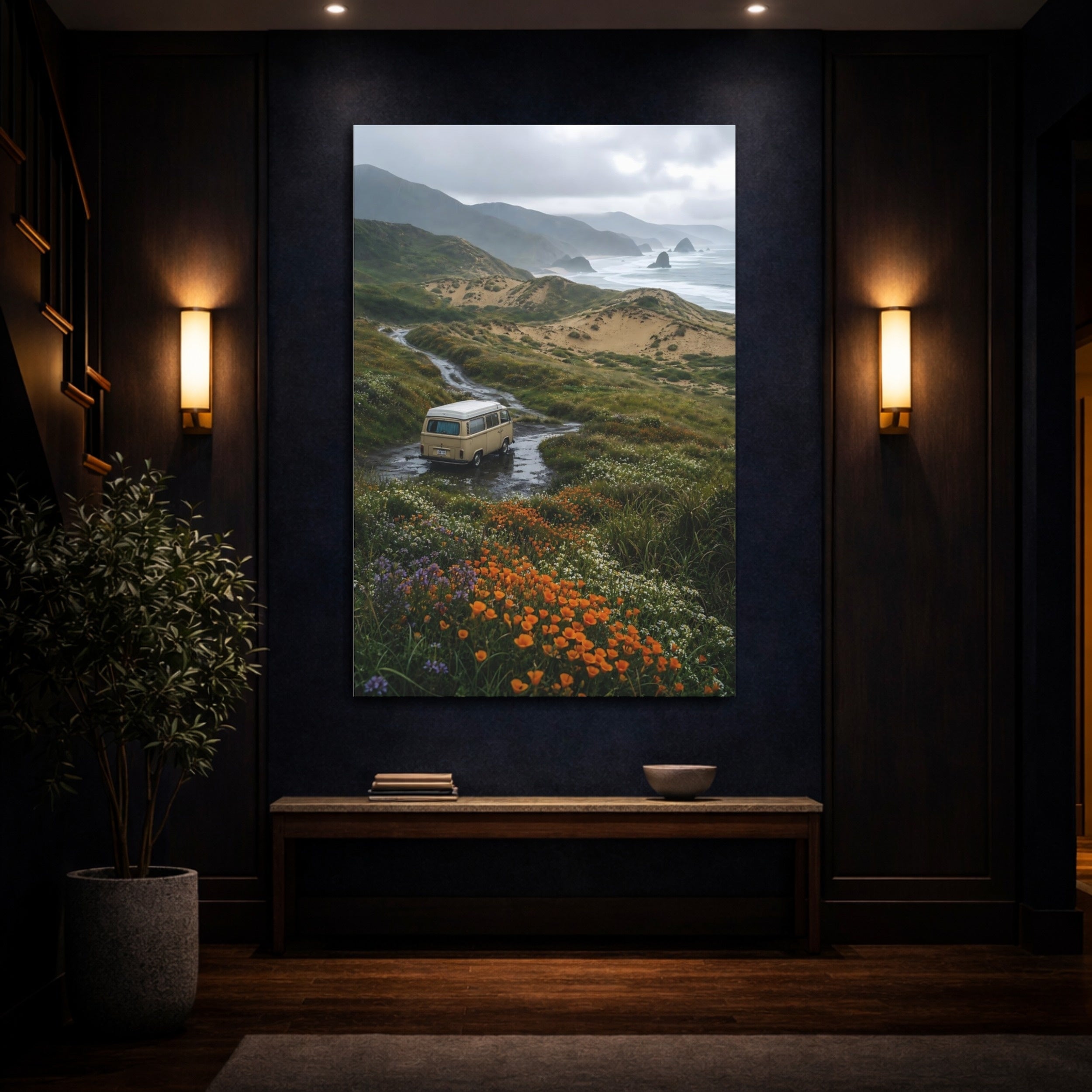 Mockup 4. Nature Coastal Van Earthy Tones shown as stretched canvas wall art