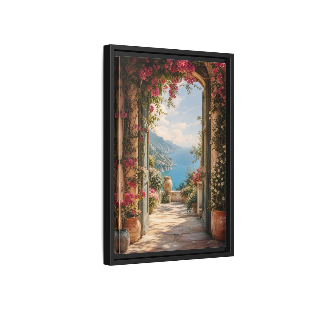 Side Mockup 6. Nature Coastal View Pink Bougainvillea Ocean shown as stretched canvas wall art