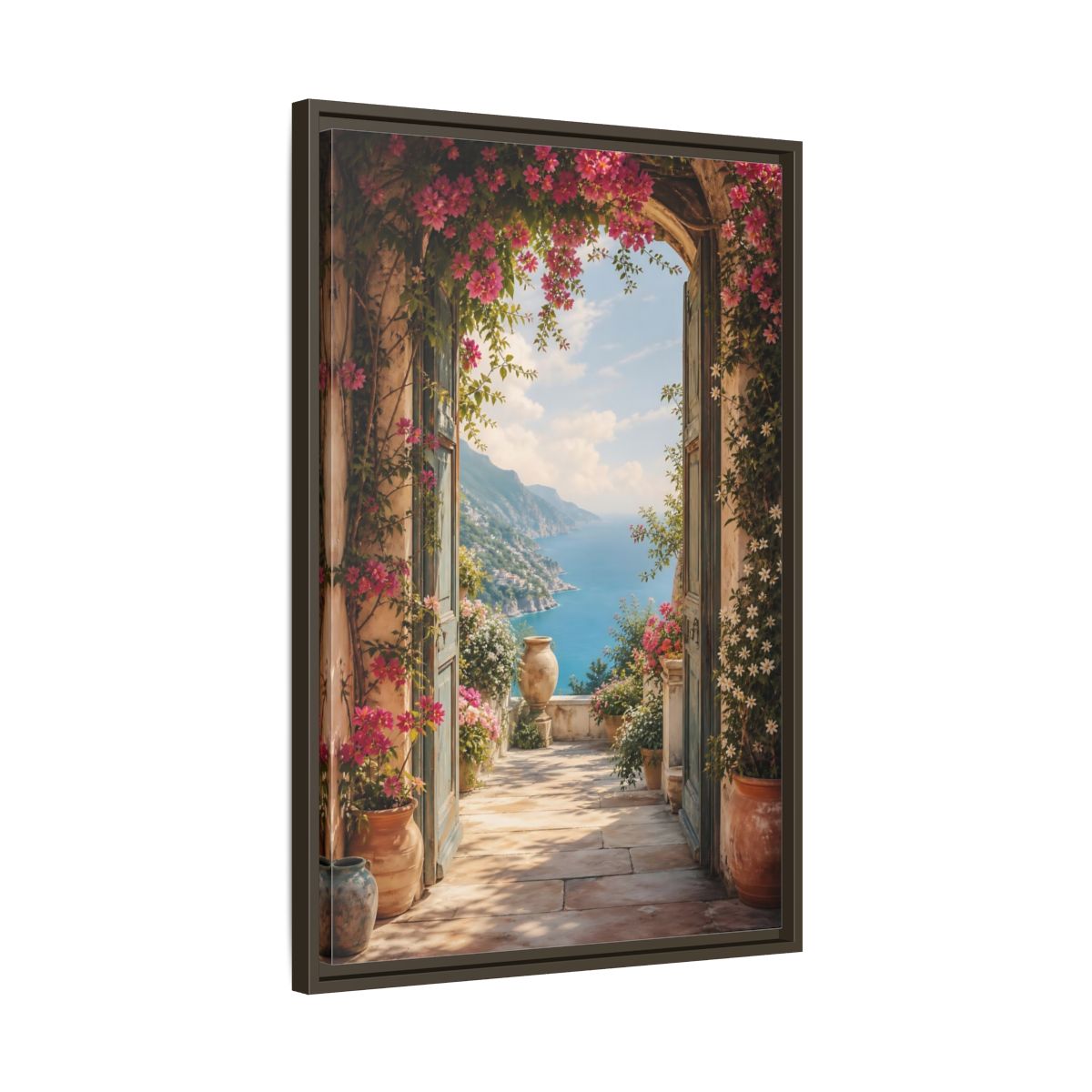 Side Mockup 11. Nature Coastal View Pink Bougainvillea Ocean shown as stretched canvas wall art