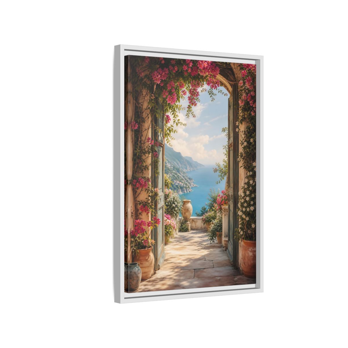 Side Mockup 1. Nature Coastal View Pink Bougainvillea Ocean shown as stretched canvas wall art