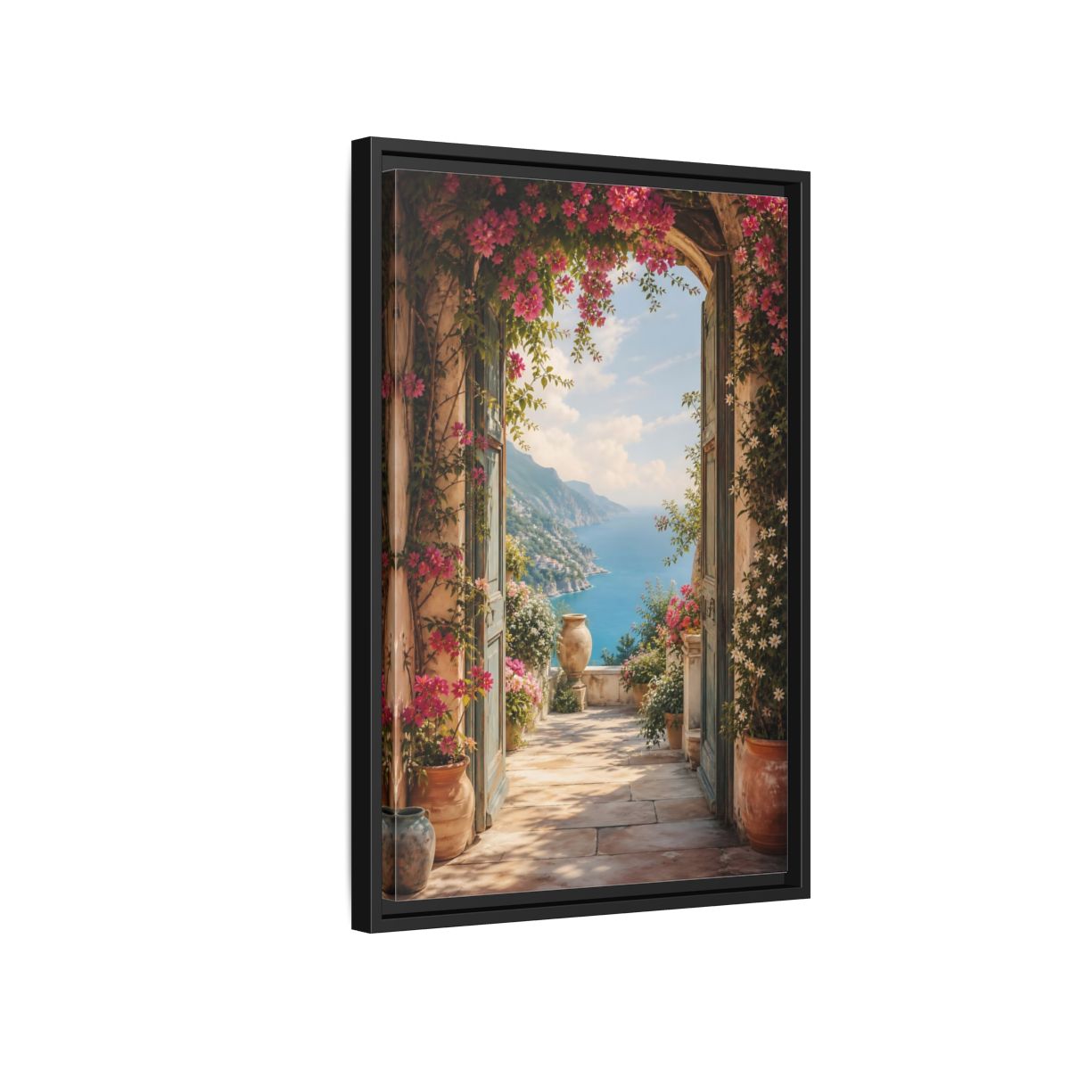 Side Mockup 3. Nature Coastal View Pink Bougainvillea Ocean shown as stretched canvas wall art