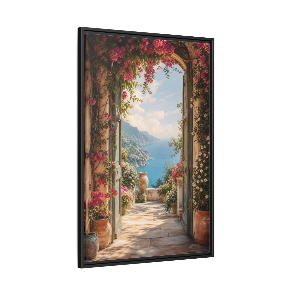 Side Mockup 13. Nature Coastal View Pink Bougainvillea Ocean shown as stretched canvas wall art