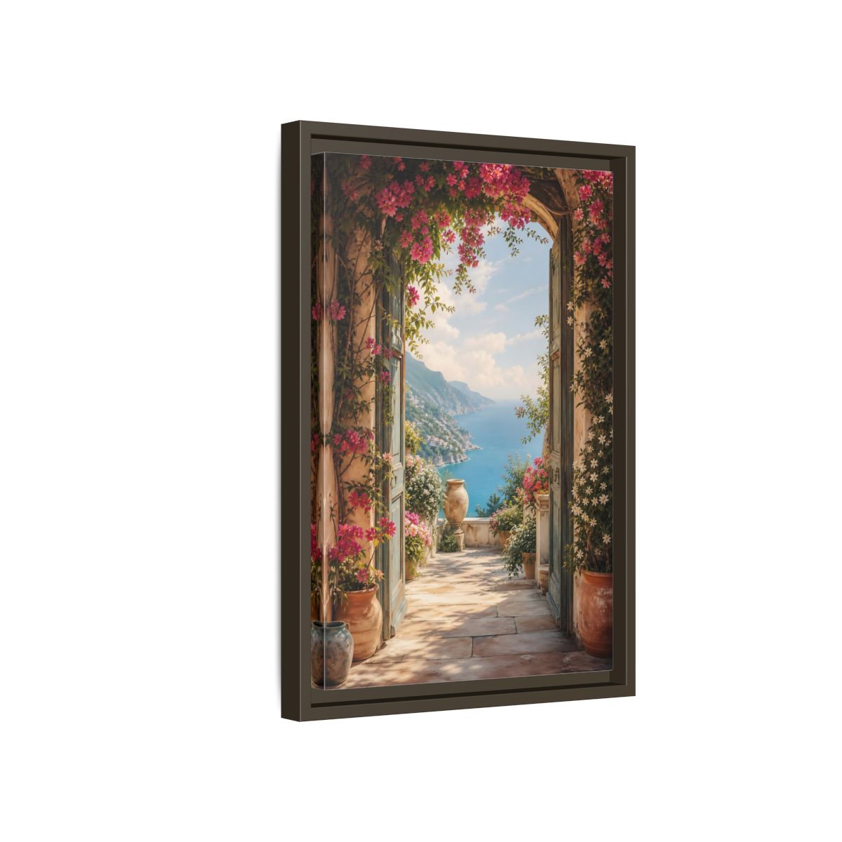 Side Mockup 5. Nature Coastal View Pink Bougainvillea Ocean shown as stretched canvas wall art