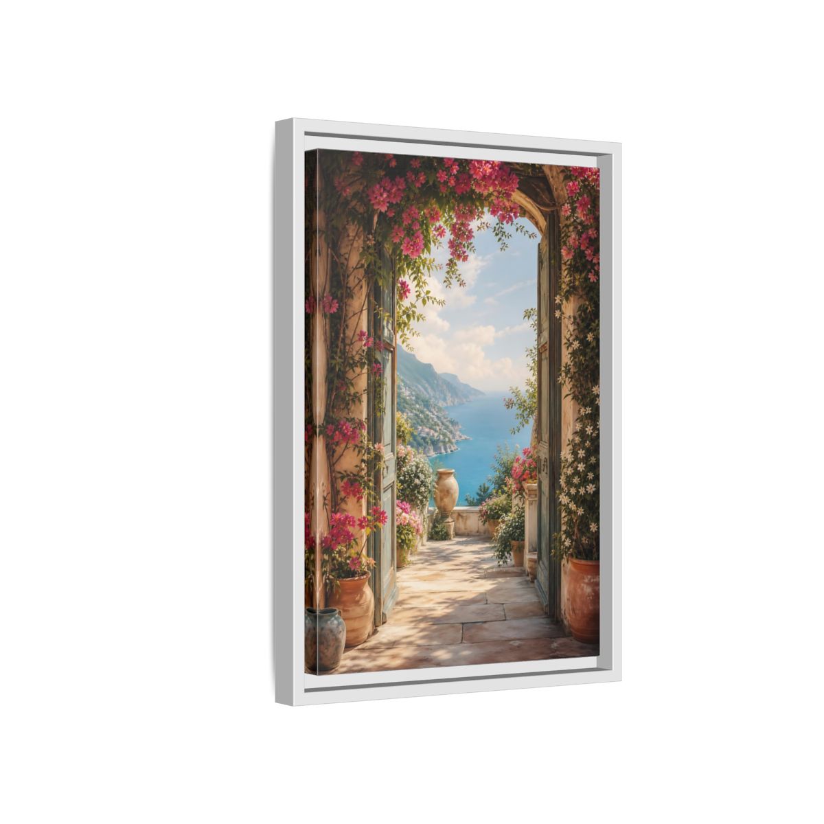 Side Mockup 4. Nature Coastal View Pink Bougainvillea Ocean shown as stretched canvas wall art