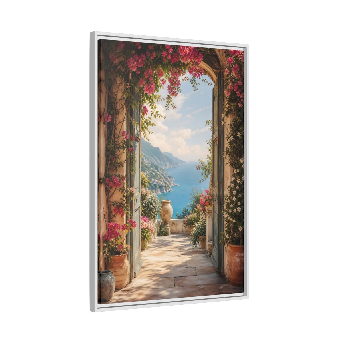 Side Mockup 9. Nature Coastal View Pink Bougainvillea Ocean shown as stretched canvas wall art
