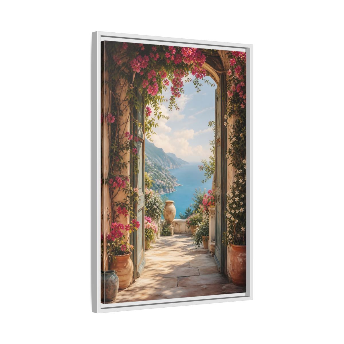 Side Mockup 10. Nature Coastal View Pink Bougainvillea Ocean shown as stretched canvas wall art