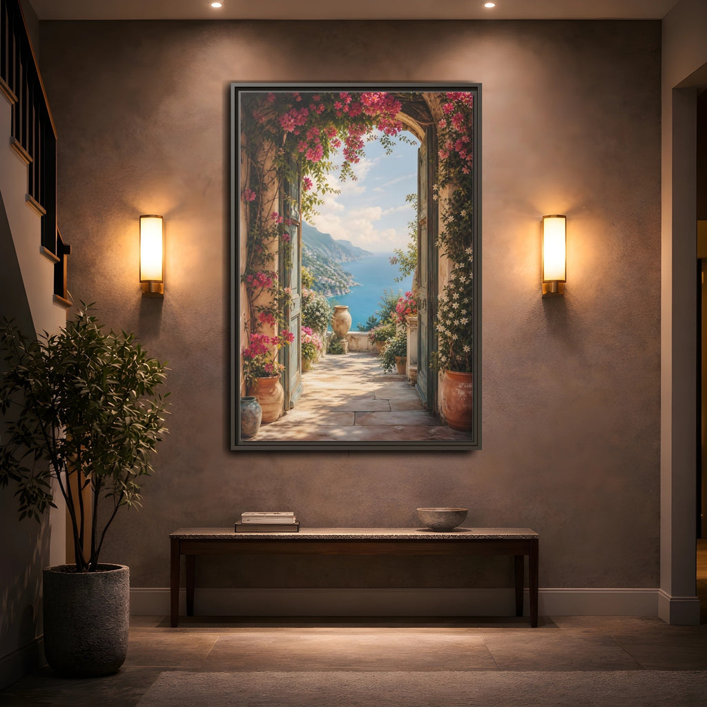 Mockup 2. Nature Coastal View Pink Bougainvillea Ocean shown as stretched canvas wall art