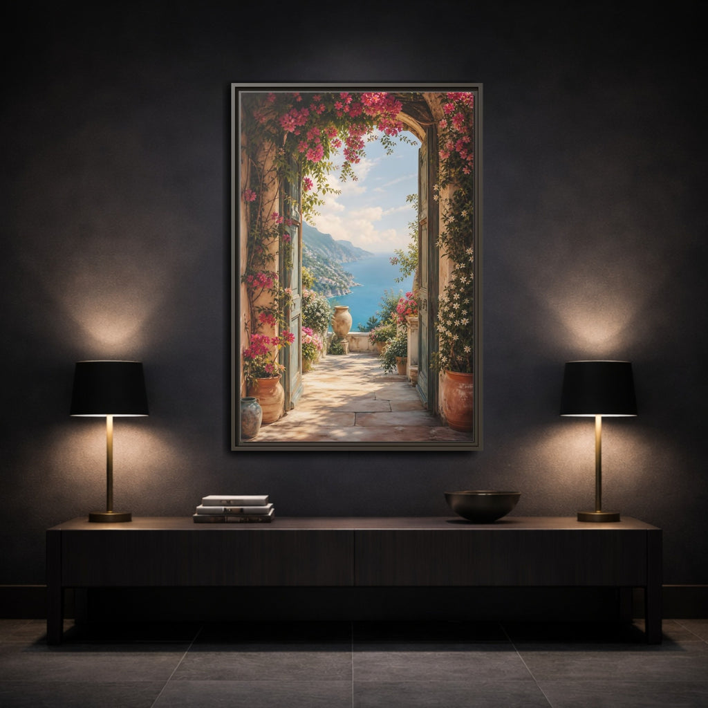 Mockup 3. Nature Coastal View Pink Bougainvillea Ocean shown as stretched canvas wall art
