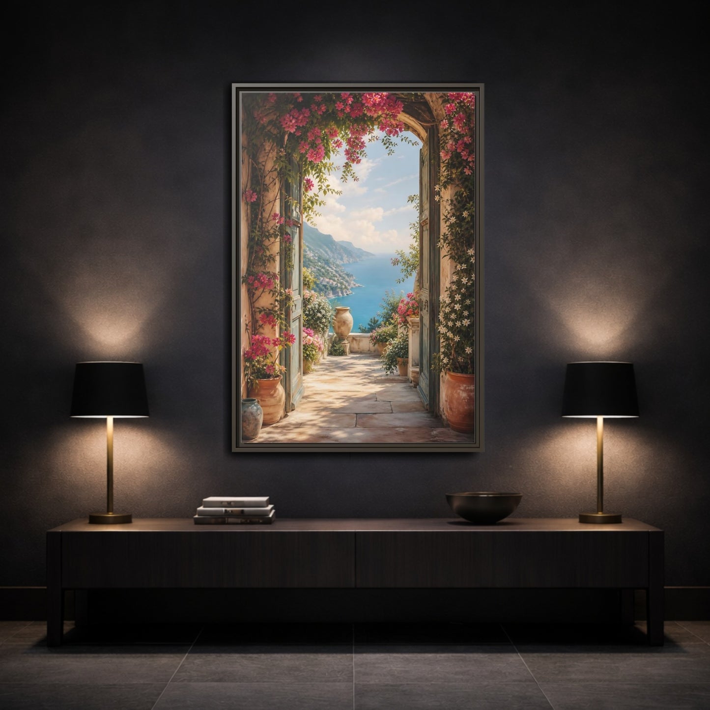 Mockup 3. Nature Coastal View Pink Bougainvillea Ocean shown as stretched canvas wall art