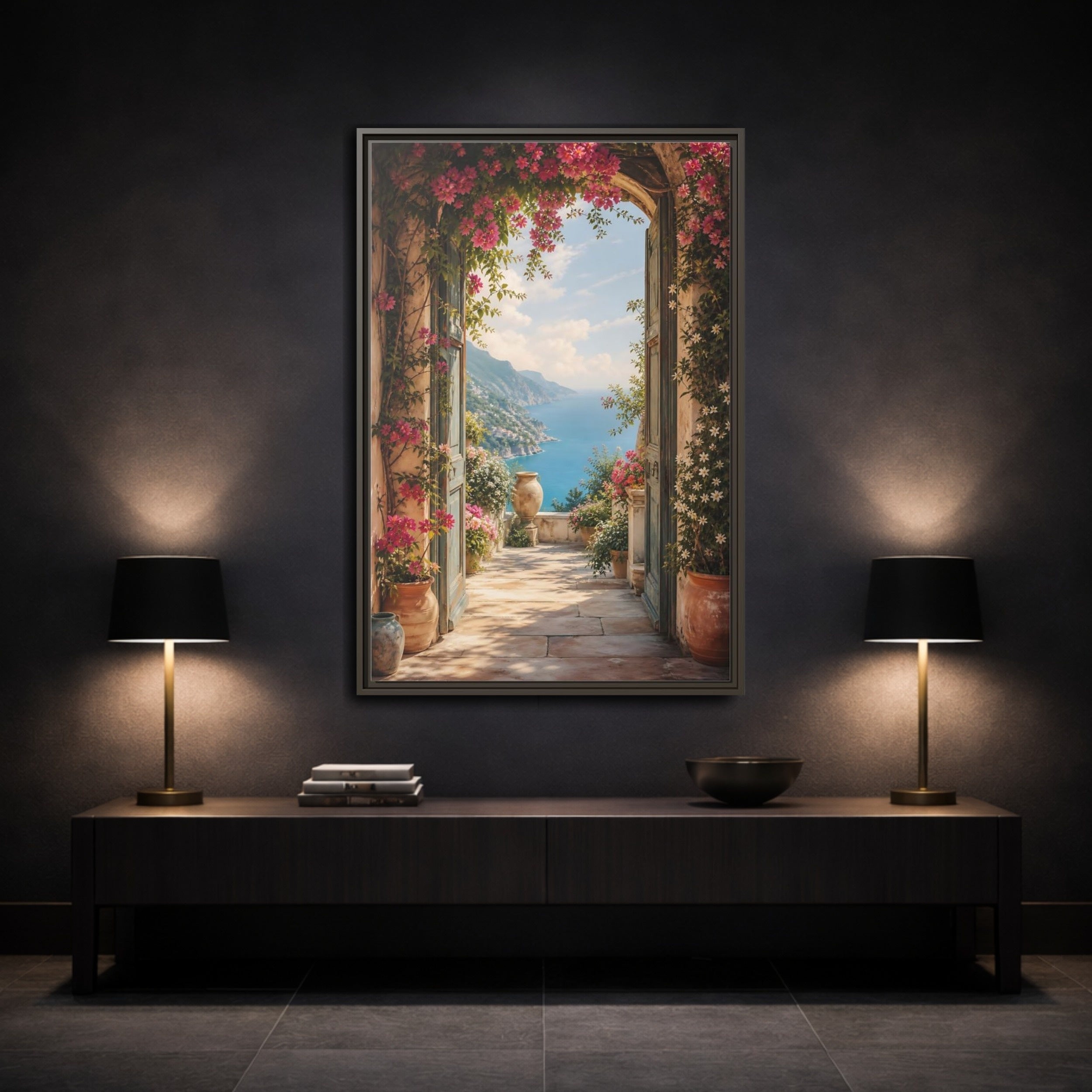 Mockup 3. Nature Coastal View Pink Bougainvillea Ocean shown as stretched canvas wall art